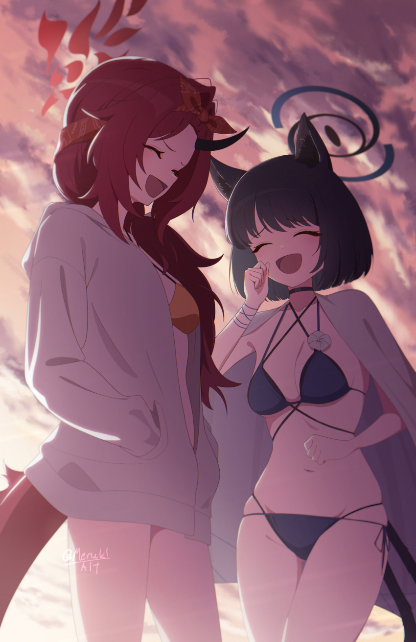 2girls, animal_ear_fluff, animal_ears, bangs_pinned_back, bikini, black_hair, blue_archive, blue_bikini