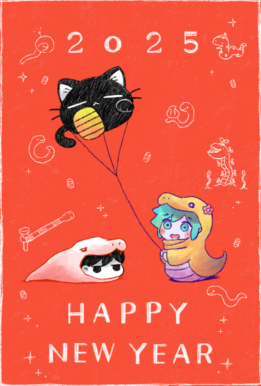 2025, 2boys, animal_costume, balloon, basil_(headspace)_(omori), basil_(omori), black_eyes, black_hair