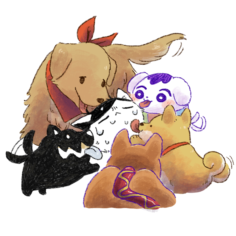 bandana, black_hair, bright_pupils, cat, dog, hector_(omori), hot_diggity_dog_(omori), kel_(headspace)_(omori)