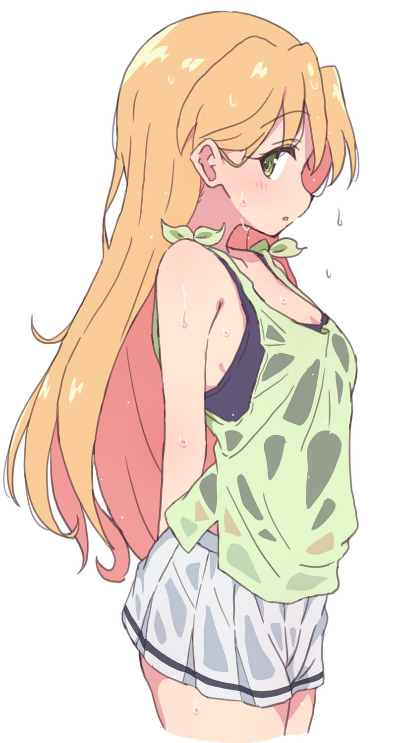 1girl, arms_behind_back, bare_arms, bare_shoulders, black_undershirt, blonde_hair, breasts, commentary, cowboy_shot, from_side, green_eyes, green_shirt, highres, long_hair, looking_at_viewer, mel_(melty_pot), miniskirt, ruri_no_houseki, shirt, simple_background, skirt, small_breasts, solo, tanigawa_ruri, very_long_hair, water_drop, wet, wet_clothes, wet_shirt, wet_skirt, white_background, white_skirt