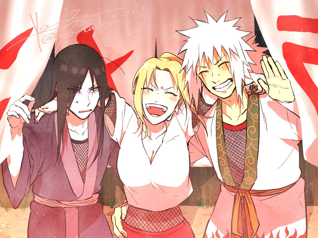 1girl, 2boys, arms_around_neck, asukachan_to_ryotakun, black_hair, black_kimono, blonde_hair, blush