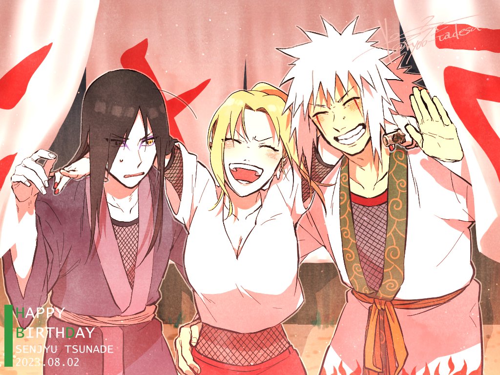 1girl, 2boys, arms_around_neck, asukachan_to_ryotakun, black_hair, black_kimono, blonde_hair, blush