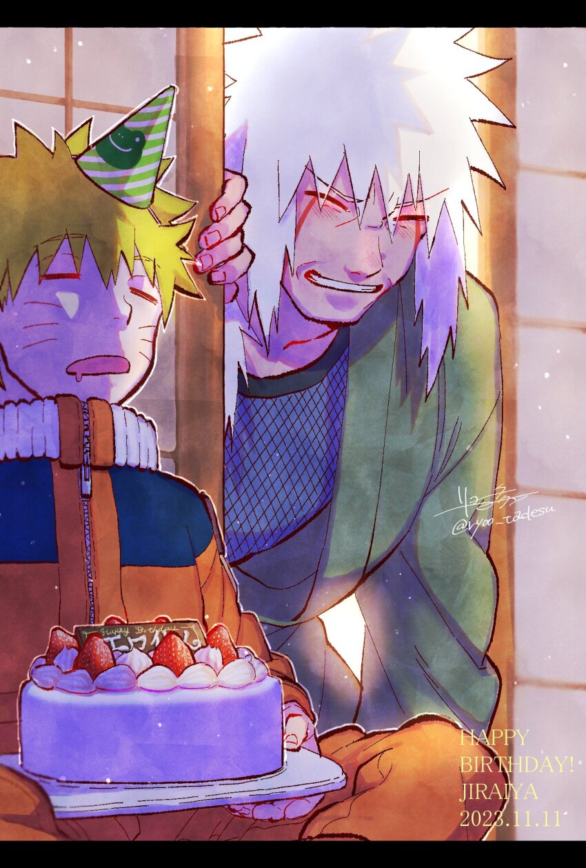 2boys, asukachan_to_ryotakun, birthday_cake, blonde_hair, cake, closed_eyes, dated, drooling