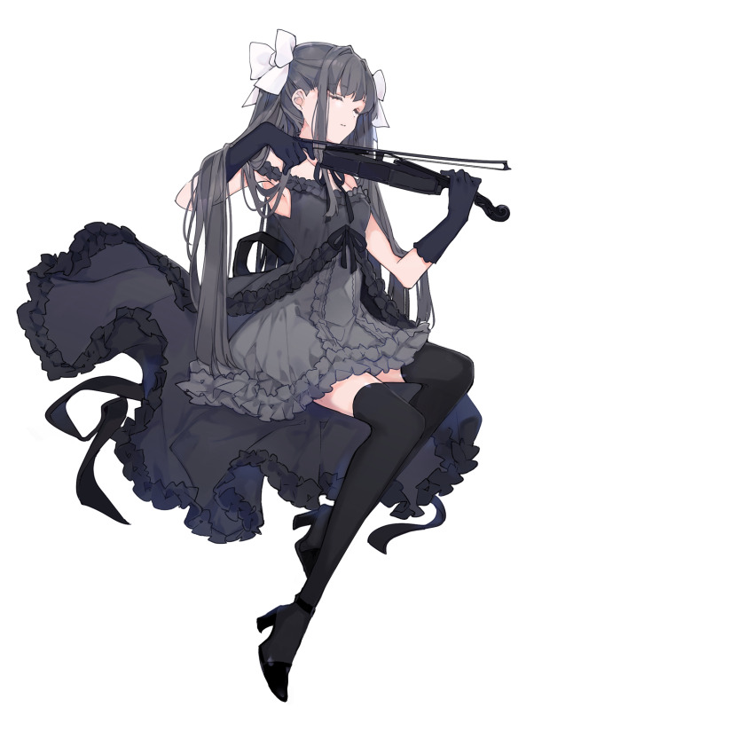 1girl, arcaea, bare_shoulders, black_camisole, black_gloves, black_hair, black_pantyhose, black_ribbon