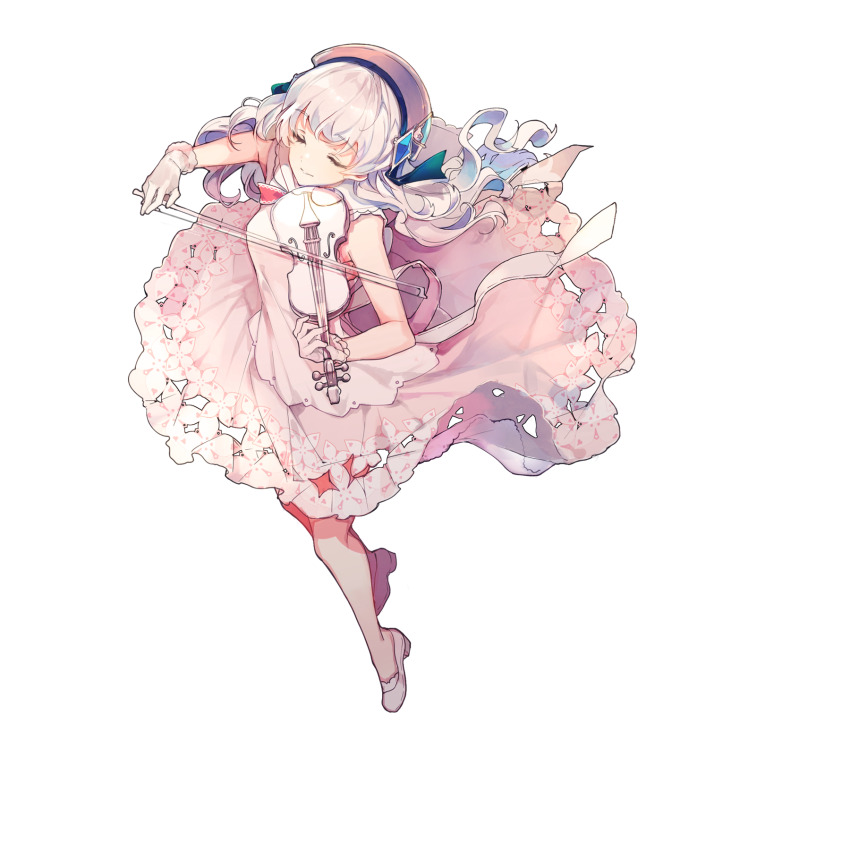 1girl, arcaea, bare_shoulders, beret, blue_gem, boots, bow, cierra_(ra-bit)