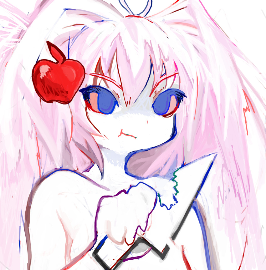 1girl, 8eyes, apple, apple_hair_ornament, blue_eyes, colored_eyelashes, colored_sclera, colored_skin