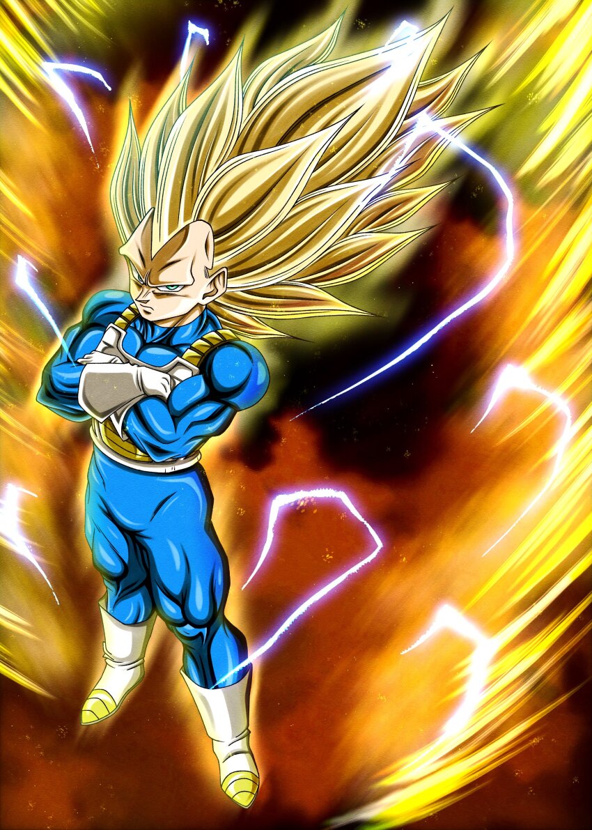 1boy, absurdres, armor, aura, big_hair, blonde_hair, blue_eyes, blue_jumpsuit, boots, breastplate, crossed_arms, dragon_ball, electricity, expressionless, full_body, furrowed_brow, gloves, gokuu_(goku_xeno59), highres, jumpsuit, light_particles, long_hair, looking_at_viewer, male_focus, muscular, muscular_male, orange_background, solo, space, spiked_hair, standing, super_saiyan, super_saiyan_3, tight_clothes, vegeta, white_boots, white_gloves