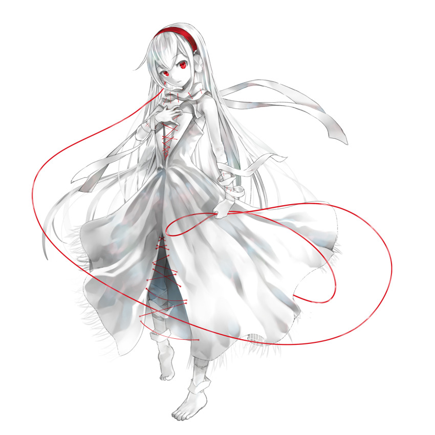 arcaea, bandaged_arm, bandaged_leg, bandages, barefoot, bow, closed_mouth, doro-c