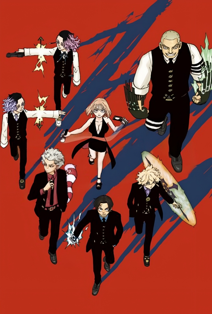 1girl, 6+boys, absurdres, belt, black_dress, black_hair, black_jacket, black_necktie