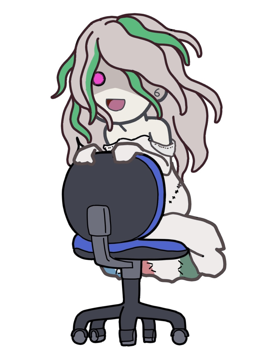 1girl, bare_shoulders, chair, chibi, fairy_(grimms_notes), full_body, g_u_g_zy, green_hair