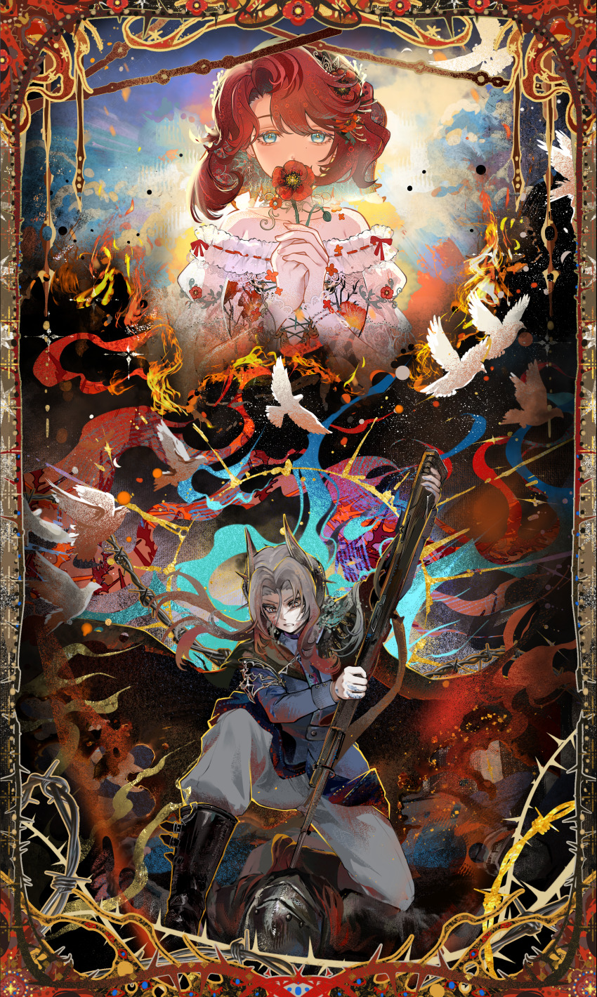 2girls, absurdres, alternate_costume, battle, bird, black_background, black_boots, black_cape