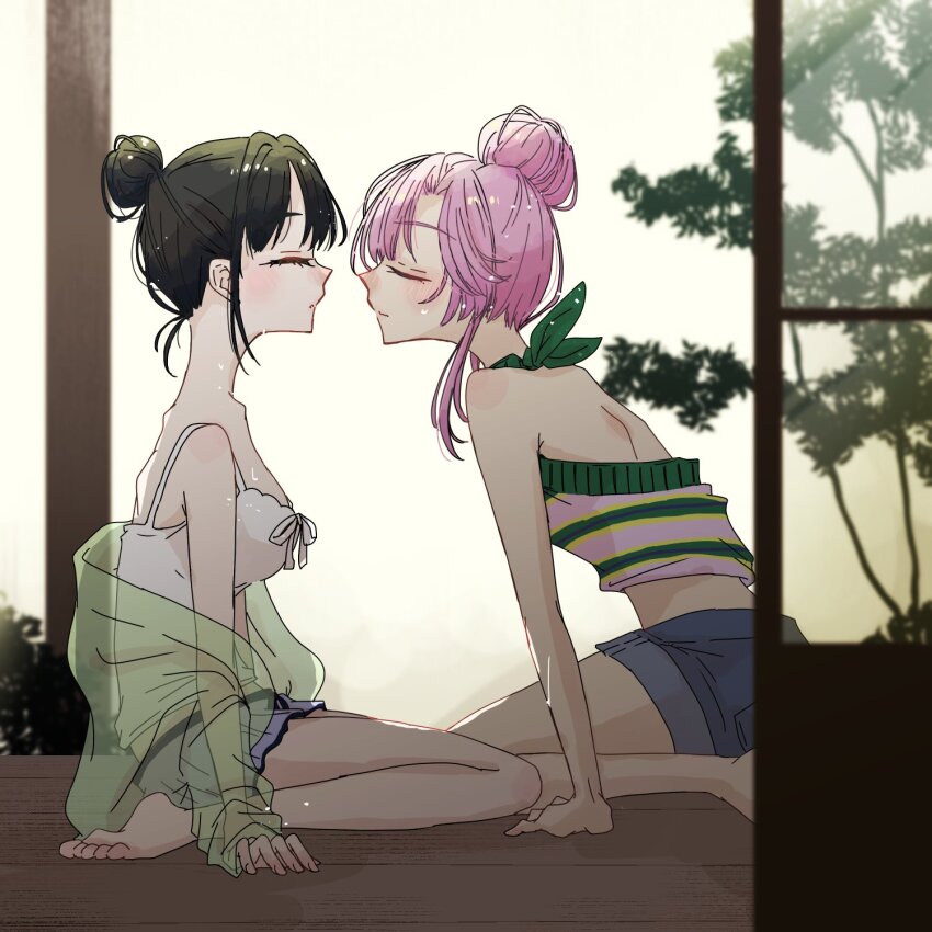 2girls, aihara_(keitora), anyoji_hime, anyoji_hime_(sleepover_at_ginko's), armpit_crease, backless_shirt, bare_shoulders, barefoot