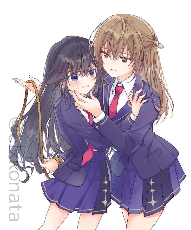 2girls, black_hair, brown_hair, hand_on_another's_chin, hand_on_another's_shoulder, long_hair, multiple_girls, navy_(navy.blue)