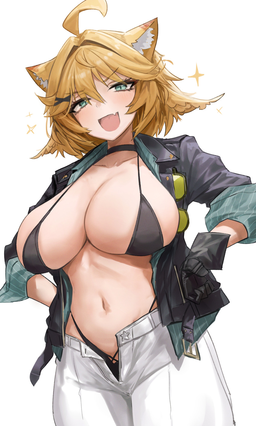 1girl, absurdres, ahoge, animal_ear_fluff, animal_ears, bikini, bikini_under_clothes, black_bikini, black_gloves, black_jacket, blonde_hair, breasts, cat_ears, choker, cleavage, collarbone, commentary, commission, dokibird_(bounty_hunter), dokibird, eyewear_hang, fang, feather_hair, gabang, gloves, green-tinted_eyewear, green_eyes, green_shirt, hair_flaps, hair_intakes, hair_ornament, hands_on_own_hips, highres, indie_virtual_youtuber, jacket, large_breasts, leather, leather_jacket, looking_at_viewer, navel, open_clothes, open_fly, open_jacket, open_mouth, open_shirt, pants, pinstripe_pattern, pinstripe_shirt, shirt, short_hair, simple_background, skin_fang, sleeves_rolled_up, smile, solo, sparkle, stomach, sunglasses, swimsuit, three-quarter_sleeves, tinted_eyewear, unbuttoned, unworn_eyewear, virtual_youtuber, white_background, white_pants, x_hair_ornament