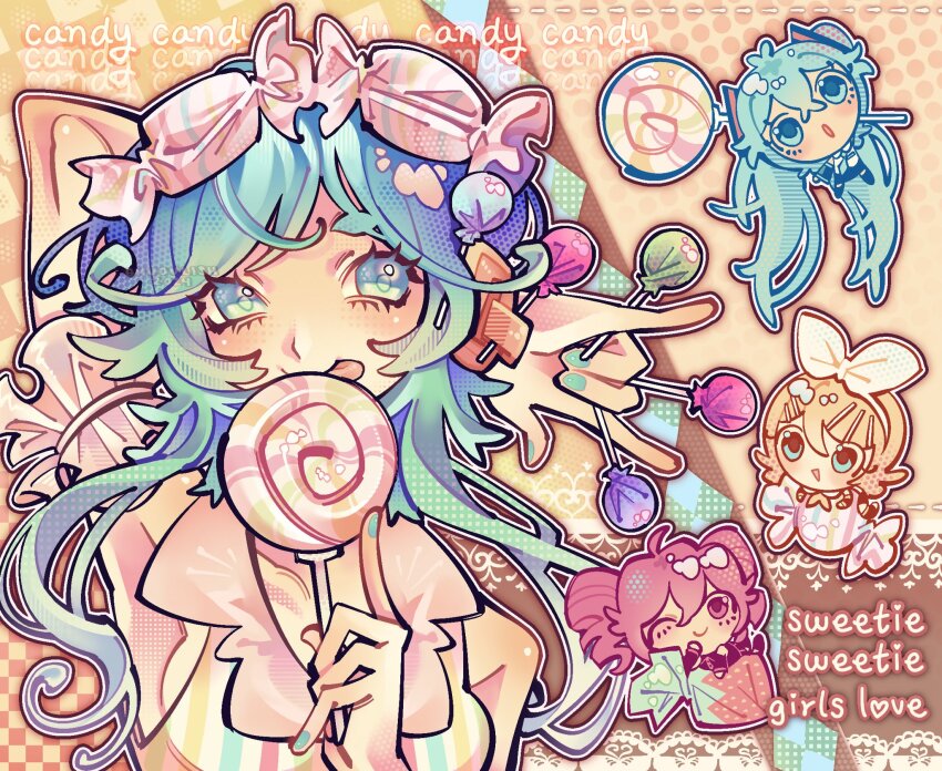 4girls, \m/, behind-the-head_headphones, blonde_hair, blue_eyes, blue_hair, bow_hairband, breasts