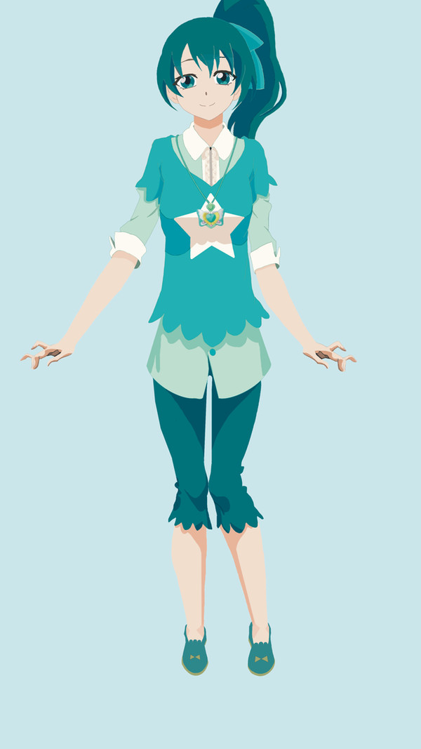 1girl, balala_the_fairies, balala_the_fairies:_finding_melody, beibei, green_eyes, green_hair, green_shirt, jewelry, long_hair, necklace, non-web_source, shirt, smile, solo, standing