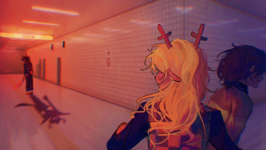 1other, 2girls, antlers, baseball_bat, black_shirt, blonde_hair, brown_hair, checkered_clothes