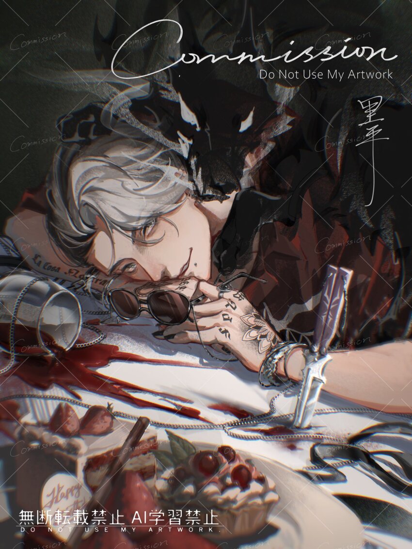 1boy, alcohol, arm_pillow, arms_on_table, cake, commission, cup, drinking_glass