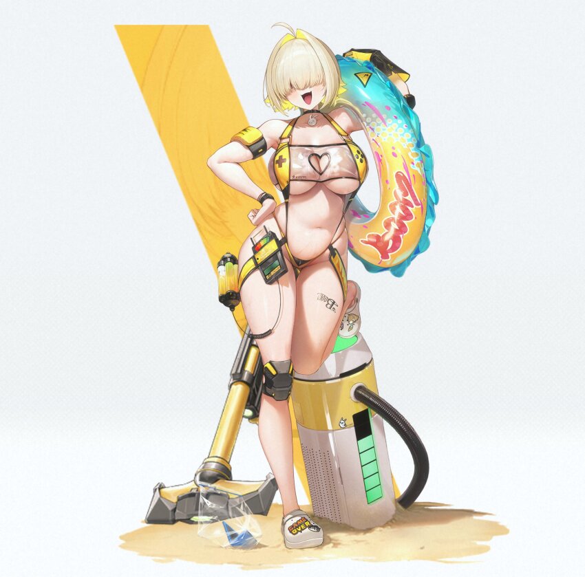 1girl, :d, ahoge, bag, black_choker, black_gloves, blonde_hair, breasts