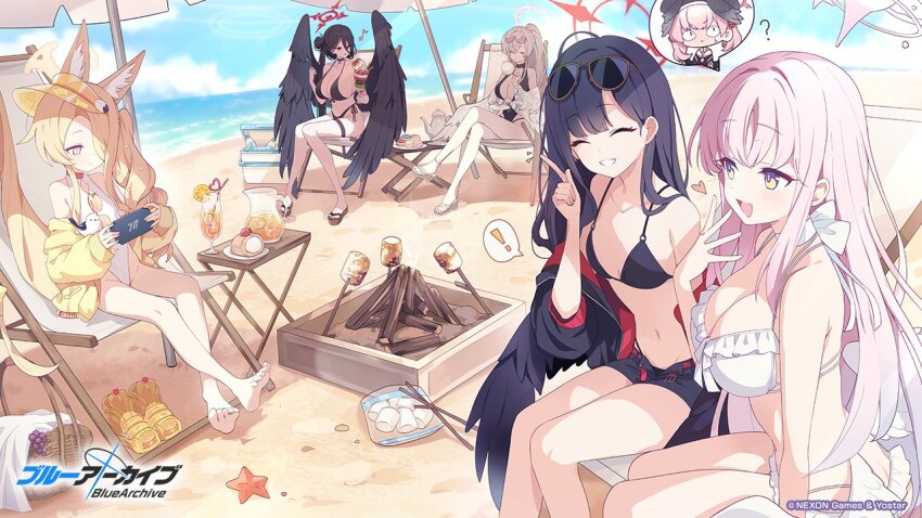 !, <|>_<|>, 6+girls, ?, animal_ear_fluff, animal_ears, bare_arms, bare_legs, bare_shoulders, barefoot, beach, beach_umbrella, belt, bikini, black_bikini, black_hair, black_hat, black_one-piece_swimsuit, black_sandals, black_shirt, black_shorts, black_wings, blonde_hair, blue_archive, blue_sky, blush, breasts, cleavage, closed_eyes, closed_mouth, cloud, commentary_request, copyright_logo, copyright_name, copyright_notice, crazy_straw, crossed_legs, cup, day, drinking_straw, english_text, eyewear_on_head, feathered_wings, food, fox_ears, fox_girl, fox_tail, frilled_bikini, frills, fruit, grin, hair_behind_ear, hair_bun, hair_over_one_eye, halo, hand_up, handheld_game_console, hasumi_(blue_archive), hasumi_(swimsuit)_(blue_archive), hat, head_wings, heart, heart_straw, highleg, highleg_bikini, highleg_one-piece_swimsuit, holding, holding_cup, holding_handheld_game_console, holding_plate, horizon, ichika_(blue_archive), ichika_(swimsuit)_(blue_archive), koharu_(blue_archive), large_breasts, logo, long_bangs, long_hair, looking_at_another, looking_at_viewer, low_wings, marshmallow, mika_(blue_archive), mika_(swimsuit)_(blue_archive), misyune, multiple_girls, nagisa_(blue_archive), nagisa_(swimsuit)_(blue_archive), navel, ocean, official_alternate_costume, official_alternate_hairstyle, official_art, one-piece_swimsuit, open_fly, open_mouth, orange_(fruit), orange_slice, outdoors, parfait, pink_eyes, pink_hair, plate, purple_halo, red_eyes, red_halo, roasted_marshmallow, sandals, second-party_source, seia_(blue_archive), seia_(swimsuit)_(blue_archive), shirt, shorts, side_ponytail, sitting, sky, small_breasts, smile, spoken_character, spoken_exclamation_mark, stomach, sunglasses, swimsuit, tail, teacup, twintails, umbrella, unworn_sandals, visor_cap, white_bikini, white_one-piece_swimsuit, white_sandals, white_wings, wings, yellow_eyes, yellow_halo, yellow_sandals