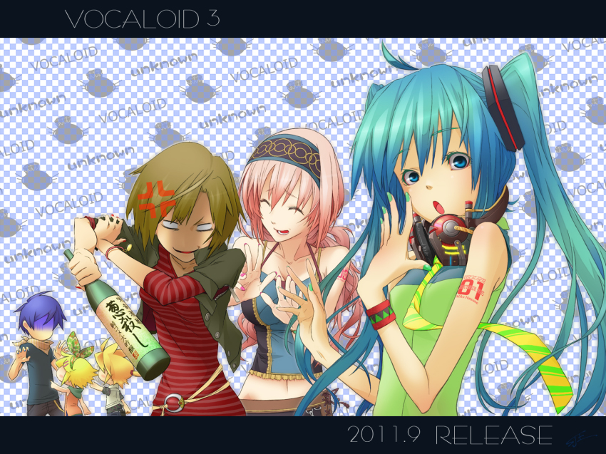 2boys, 4girls, aqua_eyes, aqua_hair, blonde_hair, blue_hair, bottle, brown_hair, casual, hairband, hatsune_miku, headphones, headphones_around_neck, hiden_eden, highres, i-style_project, kagamine_len, kagamine_rin, kaito_(vocaloid), long_hair, megurine_luka, meiko_(vocaloid), multiple_boys, multiple_girls, nail_polish, necktie, open_mouth, pink_hair, ponytail, short_hair, sleeves_pushed_up, smile, twintails, vocaloid