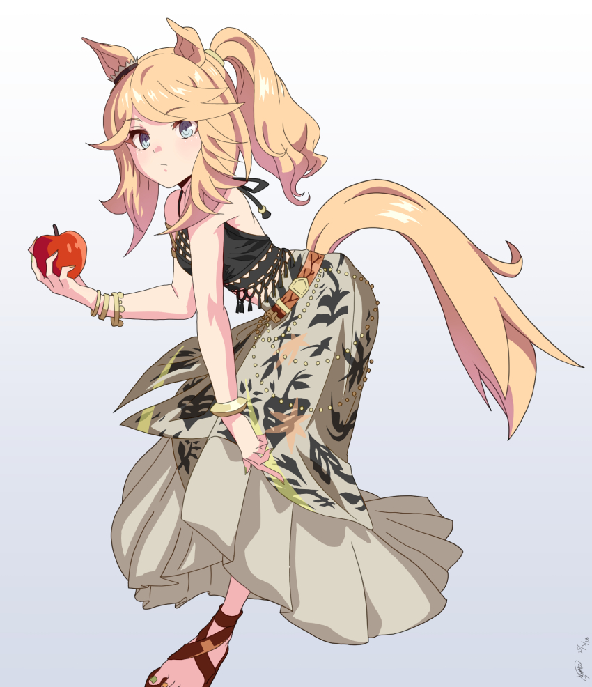 1girl, animal_ears, apple, bare_arms, bare_shoulders, blonde_hair, blush, breasts