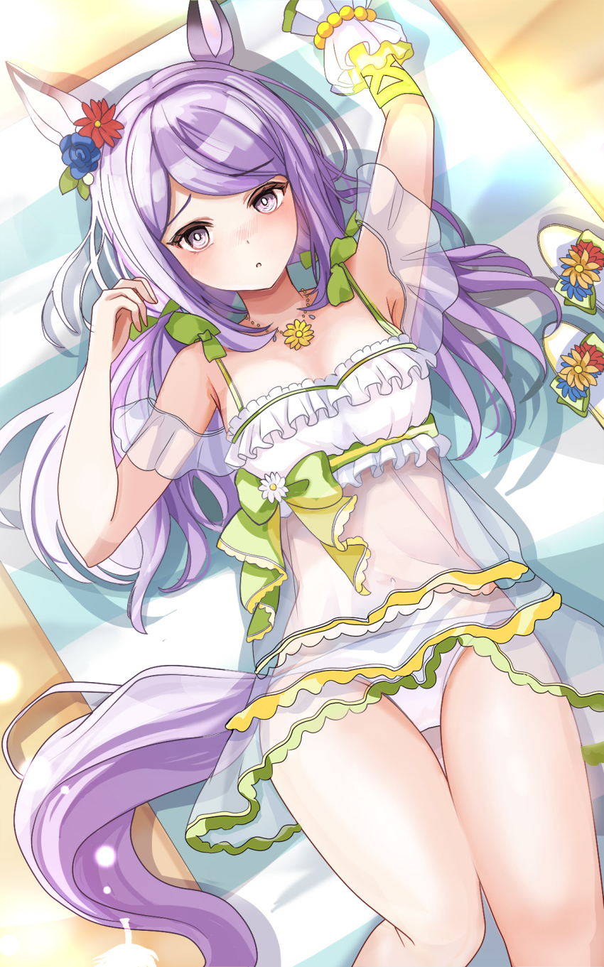 1girl, animal_ears, armpits, arms_up, bare_shoulders, beach, beach_towel, bikini