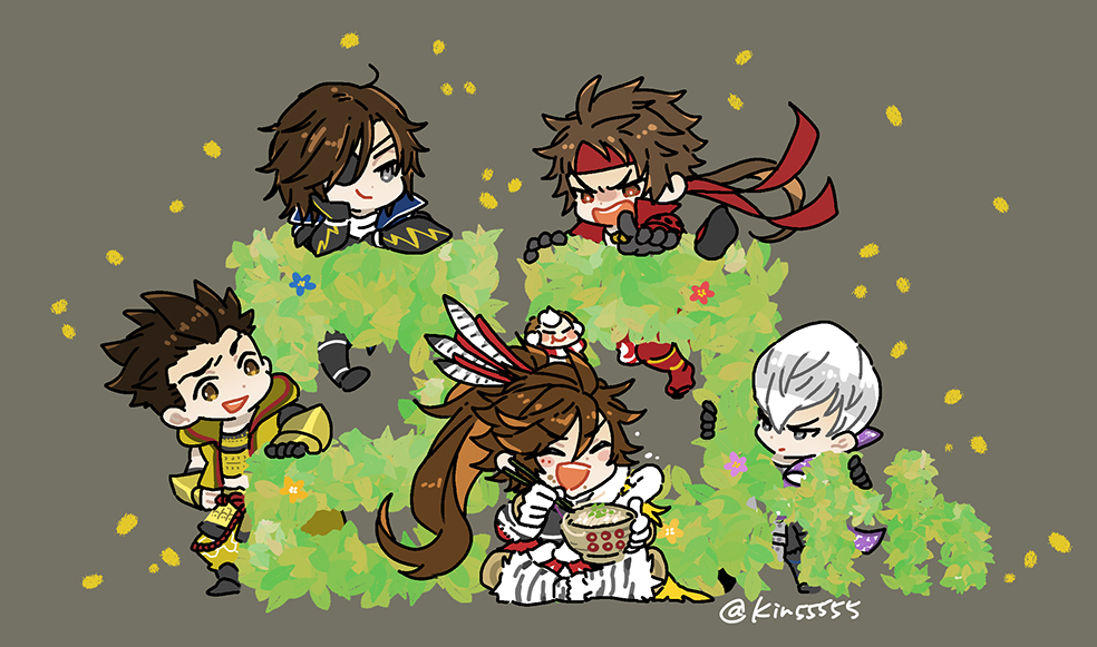 5boys, :d, anniversary, brown_eyes, brown_hair, chopsticks, date_masamune_(sengoku_basara), eating