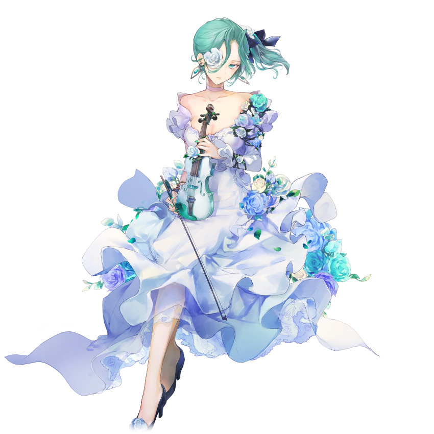 arcaea, asymmetrical_sleeves, bare_shoulders, black_shoes, blue_flower, blue_rose, breasts, choker