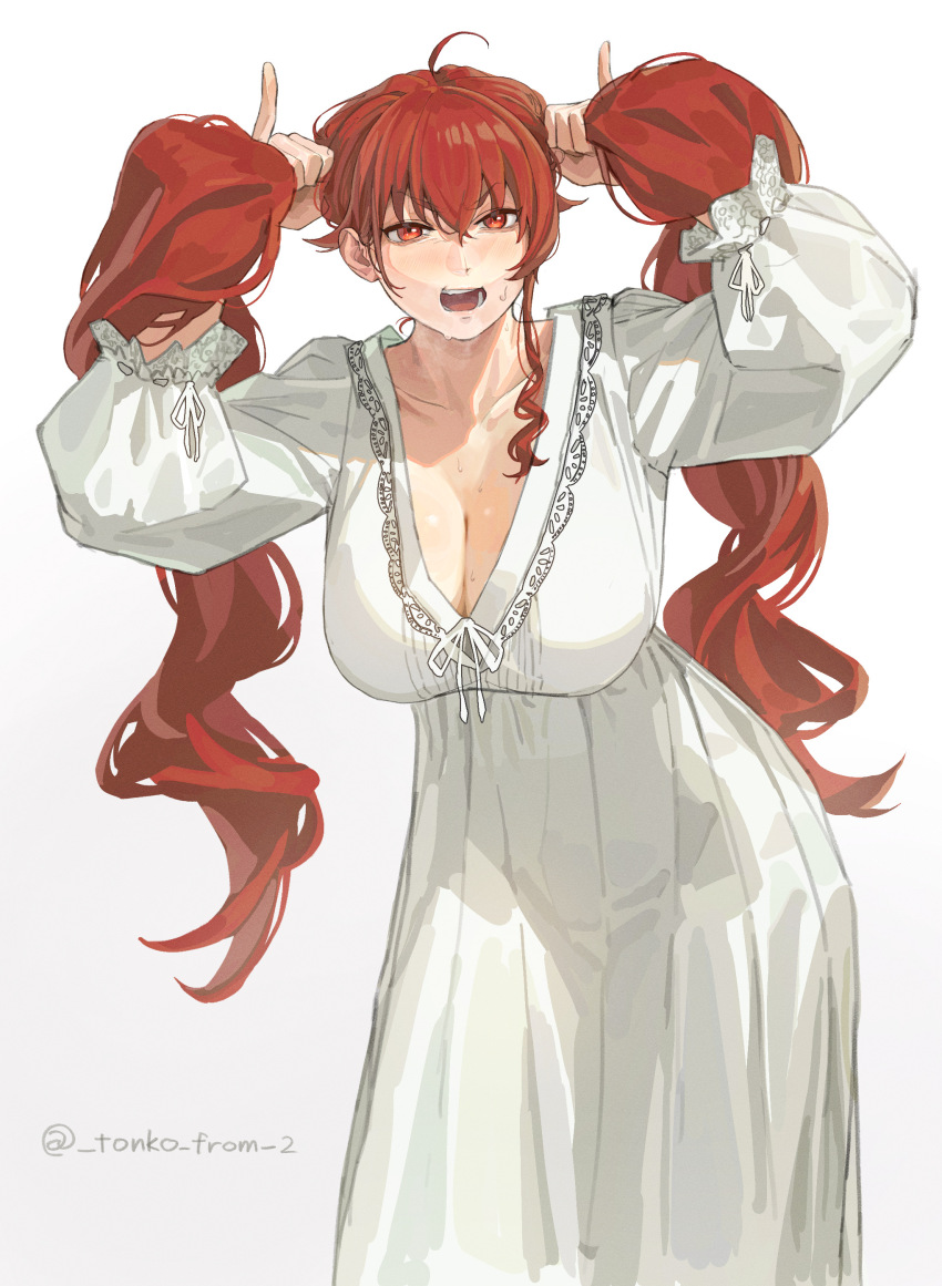 1girl, absurdres, aged_up, alternate_hairstyle, blush, breasts, bunching_hair, cleavage