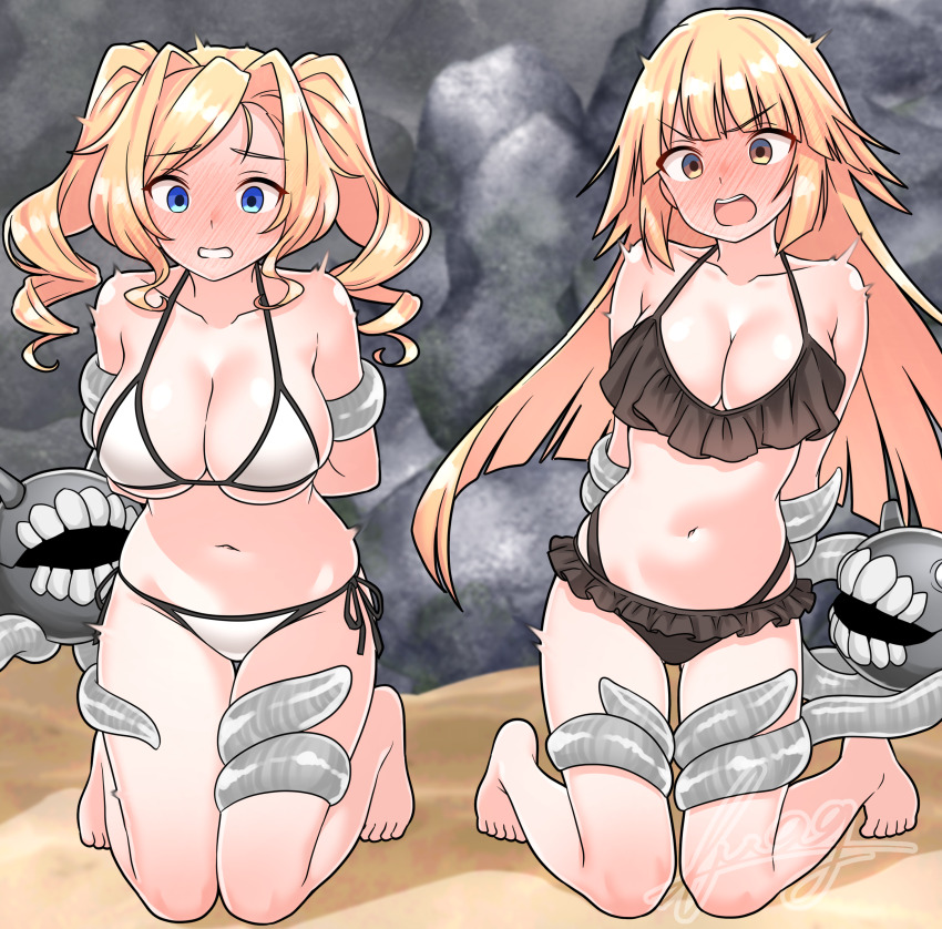 absurdres, beach, bikini, black_bikini, blonde_hair, blue_eyes, blush, breasts