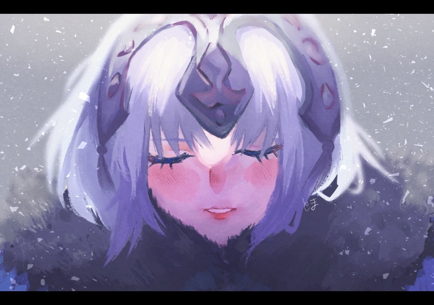 1girl, blush, cape, closed_eyes, fate/samurai_remnant, fate_(series), fur-trimmed_cape, fur_trim