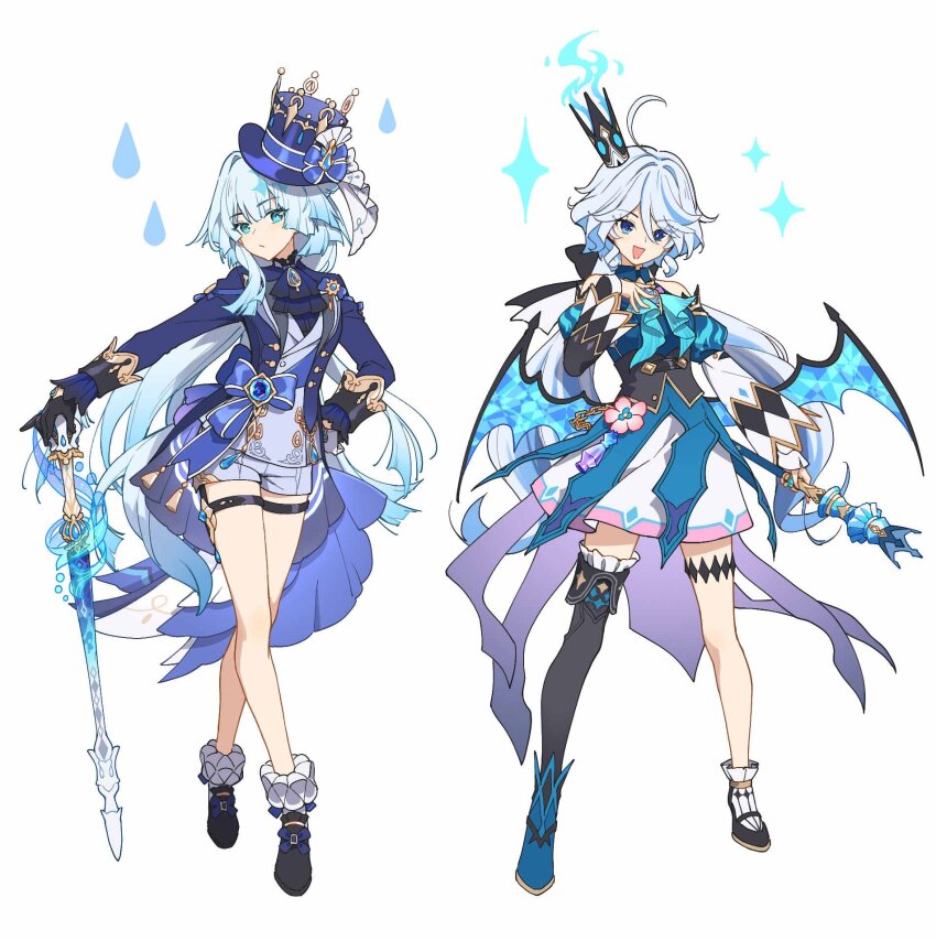 2girls, :/, :d, ahoge, ankle_boots, ankle_socks, ascot, asymmetrical_footwear, asymmetrical_gloves, asymmetrical_sleeves, bare_shoulders, black_ascot, black_boots, black_corset, black_crown, black_gloves, black_shoes, black_sleeves, blue_boots, blue_bow, blue_dress, blue_eyes, blue_gem, blue_hair, blue_hat, blue_jacket, blue_shorts, blue_sleeves, blue_streaks, blue_vest, blue_wings, boots, bow, brooch, cerydra_(honkai:_star_rail), cerydra_(honkai:_star_rail)_(cosplay), closed_mouth, collared_dress, color_connection, commentary, company_connection, corset, cosplay, costume_switch, crossed_legs, crossover, crown, detached_sleeves, dress, english_commentary, expressionless, flower, flower-trimmed_dress, flower_trim, frilled_boots, frilled_footwear, frills, full_body, furina_(genshin_impact), furina_(genshin_impact)_(cosplay), gem, genshin_impact, gloves, gradient_hair, hair_intakes, hand_on_hilt, hand_on_own_chest, hand_on_own_hip, hand_up, hat, hat_bow, hei_lang, heterochromia, highres, holding, holding_scepter, holding_sword, holding_weapon, honkai:_star_rail, honkai_(series), jacket, jewelry, juliet_sleeves, kishimen_hair, legs_apart, long_eyelashes, long_hair, long_sleeves, looking_at_viewer, low_wings, mihoyo, mini_crown, mismatched_footwear, mismatched_gloves, mismatched_pupils, mismatched_sleeves, multicolored_boots, multicolored_dress, multicolored_hair, multicolored_sleeves, multiple_girls, open_clothes, open_jacket, open_mouth, ouji_fashion, pink_flower, planted, planted_sword, planted_weapon, pointed_crown, puffy_sleeves, scepter, shoes, short_dress, short_shorts, shorts, simple_background, single_bare_leg, single_sock, single_thigh_boot, smile, socks, splendor_of_tranquil_waters_(genshin_impact), standing, suit_jacket, sword, tailcoat, thigh_boots, thigh_strap, top_hat, two-tone_hair, uneven_footwear, very_long_hair, vest, waist_bow, waistcoat, water_drop, watson_cross, weapon, white_background, white_dress, white_gloves, white_sleeves, white_socks, wings, wrist_cuffs