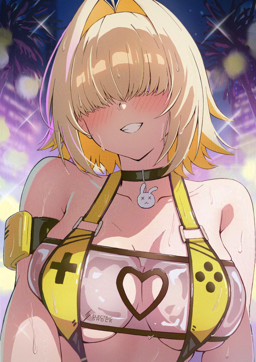 1girl, ahoge, black_choker, blonde_hair, blush, breasts, choker, colored_inner_hair, commentary_request, elegg_(boom_and_shock)_(nikke), elegg_(nikke), goddess_of_victory:_nikke, grin, hair_intakes, hair_over_eyes, highres, large_breasts, multicolored_hair, night, okashira2ki, one-piece_swimsuit, outdoors, purple_eyes, see-through_slingshot_swimsuit, sky, slingshot_swimsuit, smile, solo, swimsuit, teeth, upper_body, wet, yellow_one-piece_swimsuit, yellow_slingshot_swimsuit