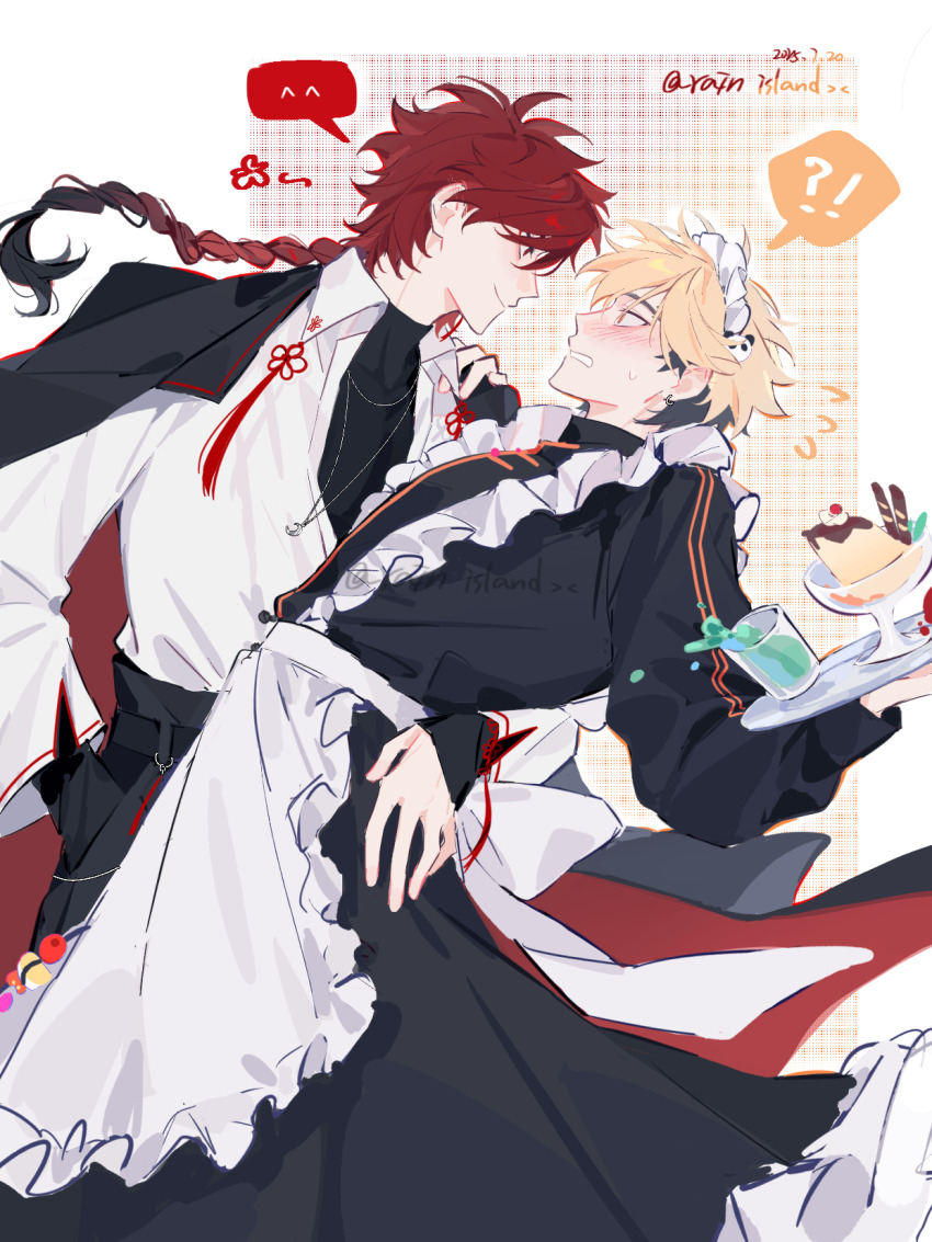 !?, 2boys, alternate_costume, apron, belt, black_belt, black_coat, black_dress