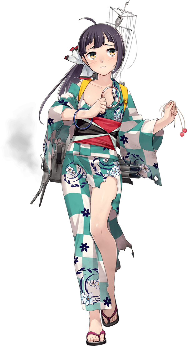 1girl, adapted_turret, ahoge, black_hair, burnt_clothes, checkered_clothes, checkered_kimono, commentary_request