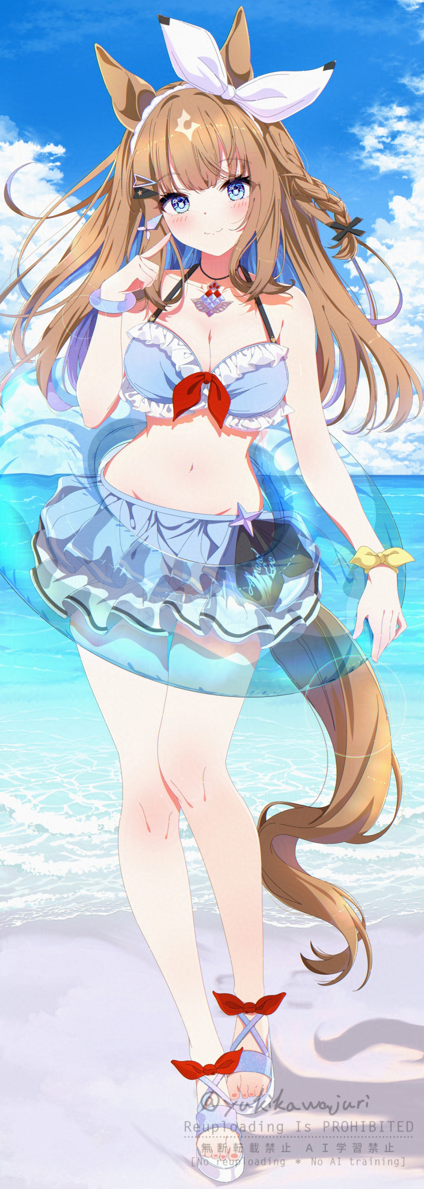 1girl, absurdres, almond_eye_(umamusume), animal_ears, beach, blue_eyes, blue_hair, blue_sky, breasts, brown_hair, cleavage, closed_mouth, cloud, colored_inner_hair, commentary_request, day, hairband, highres, horse_ears, horse_girl, horse_tail, innertube, juri-arima, long_hair, medium_breasts, multicolored_hair, outdoors, sky, smile, solo, standing, swim_ring, swimsuit, tail, two-tone_hair, umamusume, white_hairband