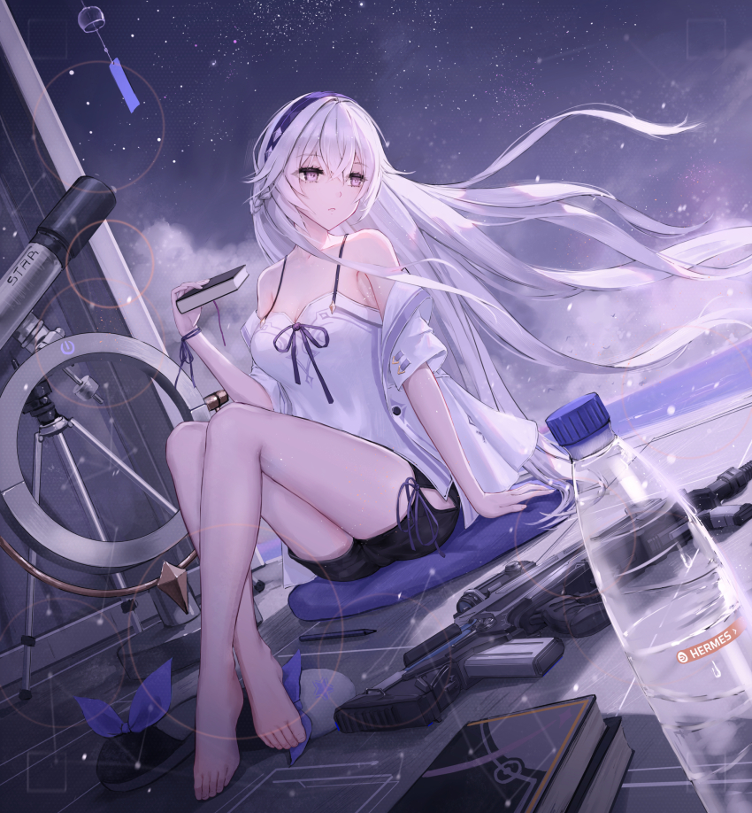 1girl, bare_legs, bare_shoulders, barefoot, black_shorts, book, bottle, camisole