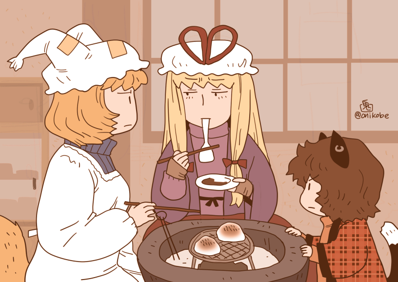 3girls, alternate_costume, animal_ears, apron, black_eyes, blonde_hair, brown_hair, cat_ears