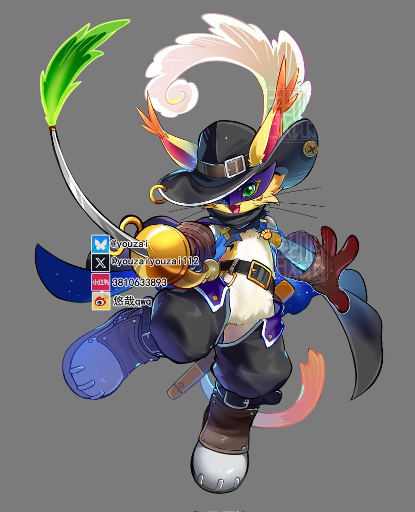 black_hat, black_pants, boots, brown_gloves, cat, digimon, digimon_(creature), eye_mask, full_body, gloves, green_eyes, grey_background, hat, hat_feather, highres, holding, holding_sword, holding_weapon, mask, nyabootmon, pants, purple_mask, simple_background, solo, sword, weapon, youzaiyouzai112
