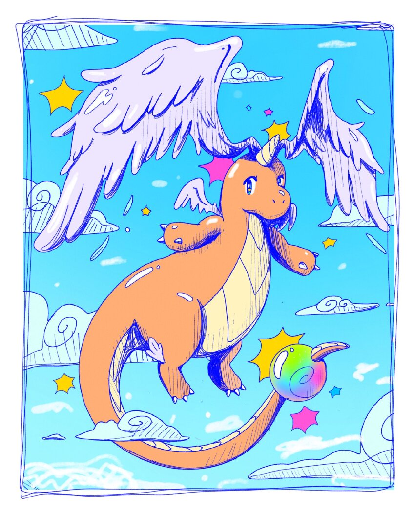 claws, closed_mouth, cloud, dragon, dragonite, feathered_wings, flying, full_body