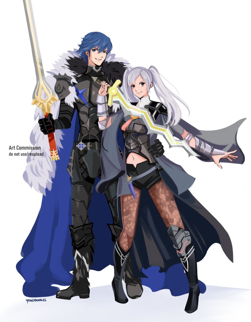 1boy, 1girl, alternate_costume, armor, black_armor, black_boots, black_shorts, blue_eyes