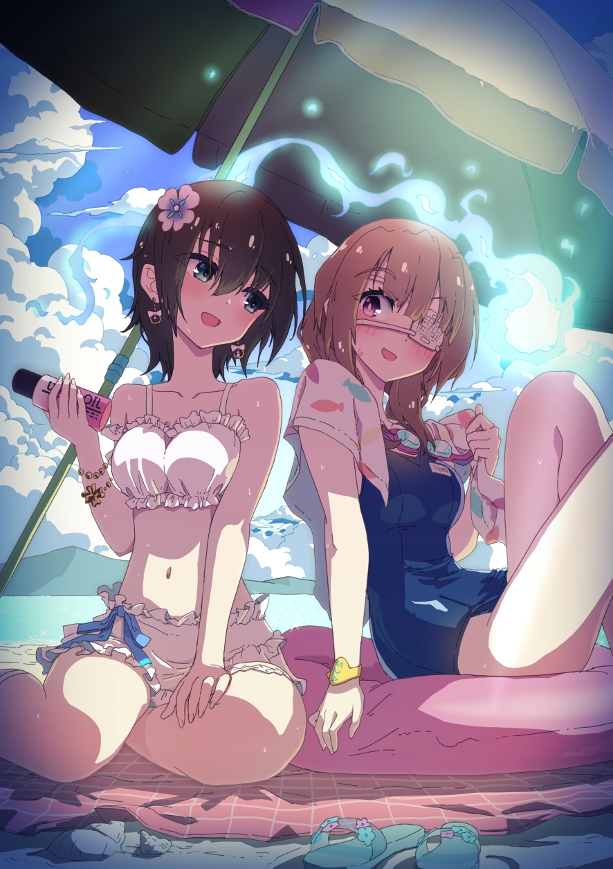 2girls, aoi_erika, aoi_erika_(lightful_mermaid_vacation), beach, beach_towel, beach_umbrella, bikini, blue_one-piece_swimsuit