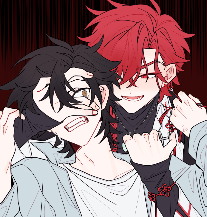 2boys, absurdres, angry, black_coat, black_hair, black_shirt, blue_shirt, bracelet