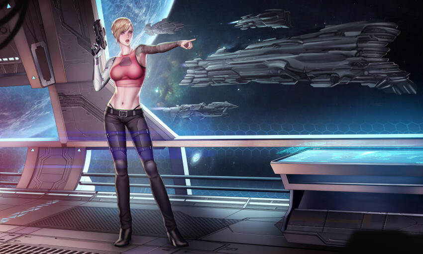 1girl, advanced_ship_(eve_online), arm_tattoo, armpits, asymmetrical_bangs, asymmetrical_hair, audia_pahlevi, bare_arms, bare_shoulders, battleship_(eve_online), belt, black_belt, black_pants, black_shoes, blonde_hair, breasts, capital_ship_(eve_online), carrier, combat_ship_(eve_online), commentary, commission, creodron_(eve_online), crop_top, cyborg, damillia_seraph, double_barrels, duvolle_laboratories_(eve_online), electronic_warfare_ship_(eve_online), erebus_(eve_online), eve_online, facial_tattoo, federation_navy_(eve_online), fleet, flying, full_body, grey_eyes, gun, hand_up, handgun, hexagon, high_heels, highres, holding, holding_gun, holding_weapon, hologram, honeycomb_(pattern), in_orbit, large_breasts, linea_alba, marauder_(eve_online), mechanical_arms, megathron_(eve_online), midriff, military_vehicle, navel, nebula, nose, nyx_(eve_online), open_mouth, original, outstretched_arm, pants, planet, pointing, pointing_to_the_side, prosthesis, prosthetic_arm, roden_shipyards_(eve_online), scenery, science_fiction, shoes, short_hair, single_mechanical_arm, solo, space, spacecraft, spacecraft_interior, standing, star_(sky), starry_sky_background, stomach, super_capital_ship_(eve_online), supercarrier_(eve_online), support_ship_(eve_online), table, tank_top, tattoo, tech_2_ship_(eve_online), teeth, titan_(eve_online), weapon, window