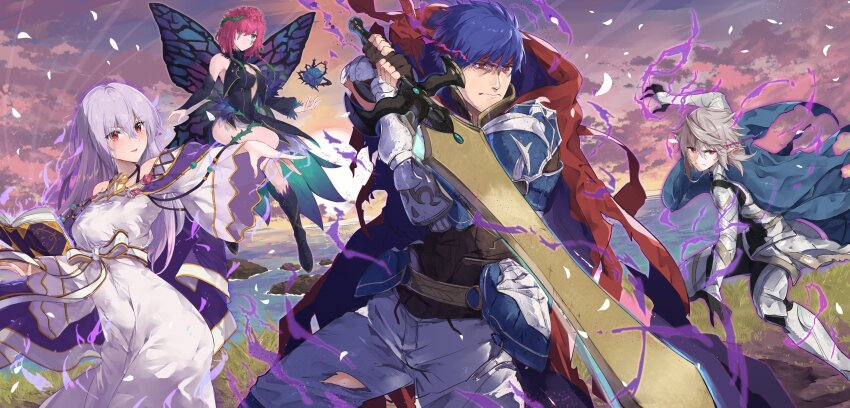 2boys, 2girls, absurdres, aura, blue_hair, book, butterfly_wings, commentary, commission, fairy, fire_emblem, fire_emblem:_genealogy_of_the_holy_war, fire_emblem:_radiant_dawn, fire_emblem_fates, fire_emblem_heroes, headband, highres, holding, holding_book, holding_sword, holding_weapon, ike_(fire_emblem), ike_(zeal_unleashed)_(fire_emblem), insect_wings, julia_(fire_emblem), julia_(heart_usurped)_(fire_emblem), long_hair, male_corrin_(bloodbound_beast)_(fire_emblem), male_corrin_(fire_emblem), multiple_boys, multiple_girls, nintendo, pointy_ears, purple_hair, ragnell, red_eyes, second-party_source, short_hair, skeb_commission, sword, triandra_(fire_emblem), weapon, wings, yuuri_(orz_commushows)