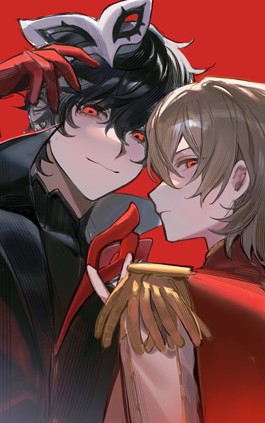 2boys, akechi_gorou, amamiya_ren, beak_mask, bird_mask, black_hair, black_jacket, black_shirt