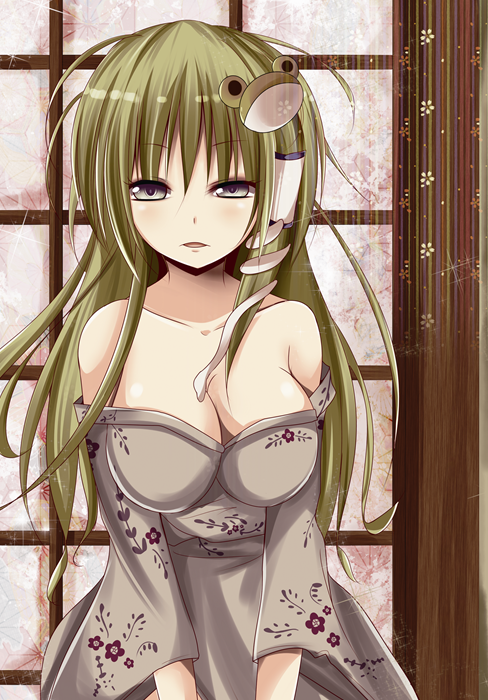 1girl, alternate_costume, bad_id, bad_pixiv_id, bare_shoulders, blue_eyes, breasts, cleavage