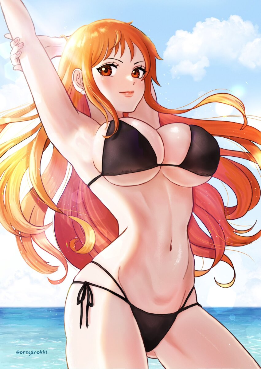 1girl, alternate_costume, armpits, arms_up, bangle, bikini, black_bikini, blue_sky