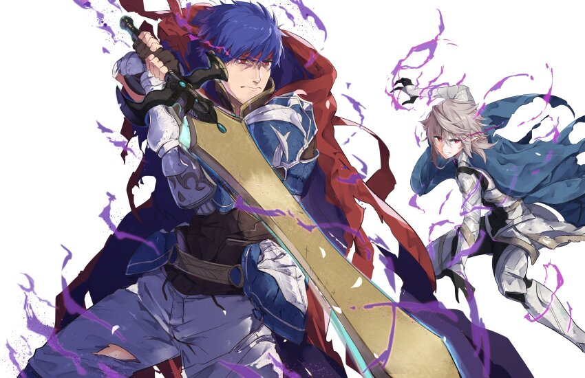 2boys, absurdres, blue_hair, commission, fire_emblem, fire_emblem:_radiant_dawn, fire_emblem_fates, fire_emblem_heroes, headband, highres, holding, holding_sword, holding_weapon, ike_(fire_emblem), ike_(zeal_unleashed)_(fire_emblem), male_corrin_(bloodbound_beast)_(fire_emblem), male_corrin_(fire_emblem), male_focus, multiple_boys, nintendo, pointy_ears, ragnell, red_eyes, second-party_source, short_hair, simple_background, skeb_commission, sword, weapon, white_background, yuuri_(orz_commushows)